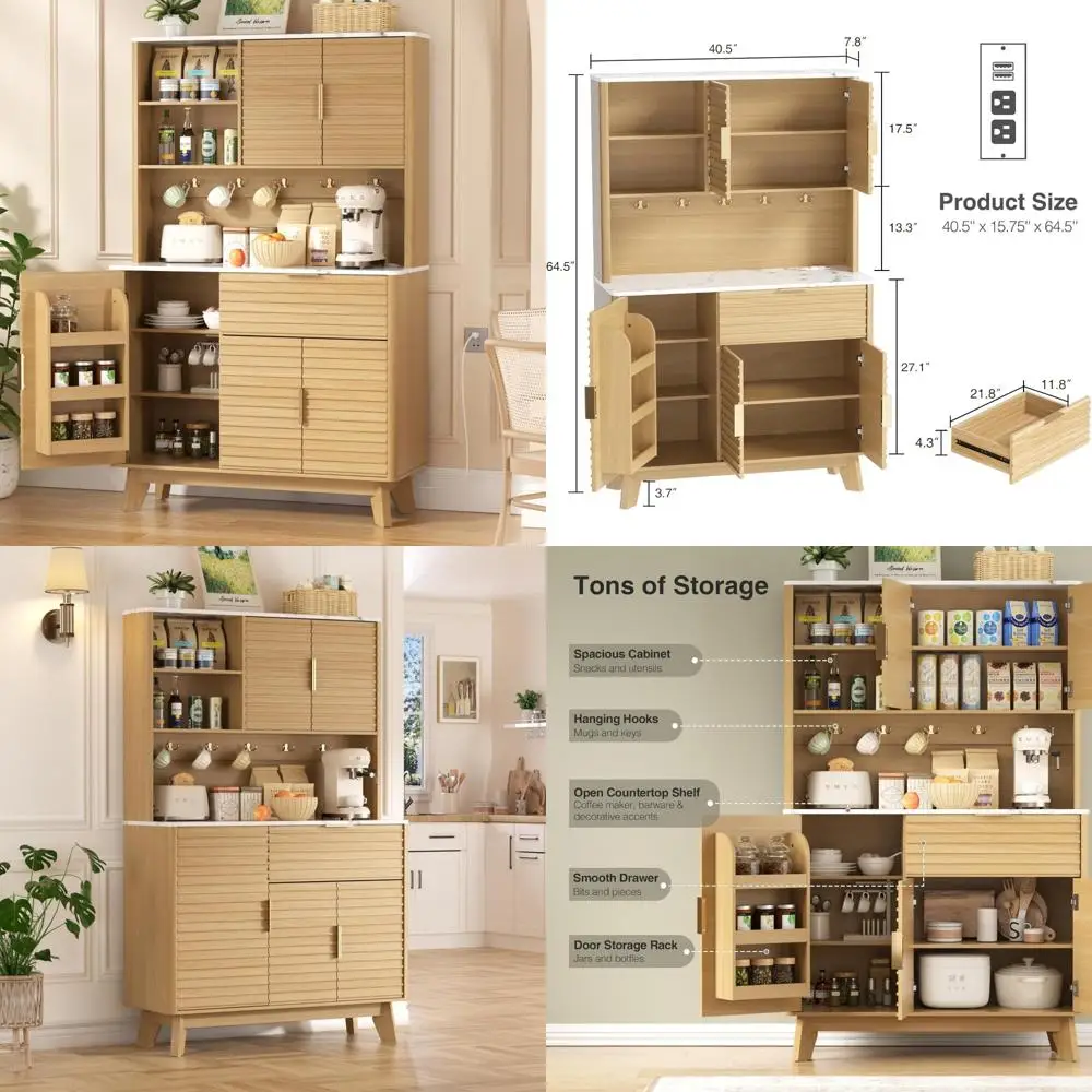 Microwave Stand Kitchen Hutch with Fluted Pantry Storage Cabinet, Doors, Drawers, and Shelves for Living Room Organization