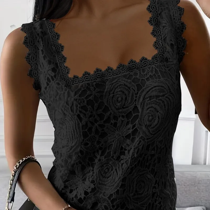 

2024 Women's Summer New Pullover Square Neck Patchwork Lace Embossed Sweet Fashion Elegant Casual Sleeveless Tank T-shirt Tops