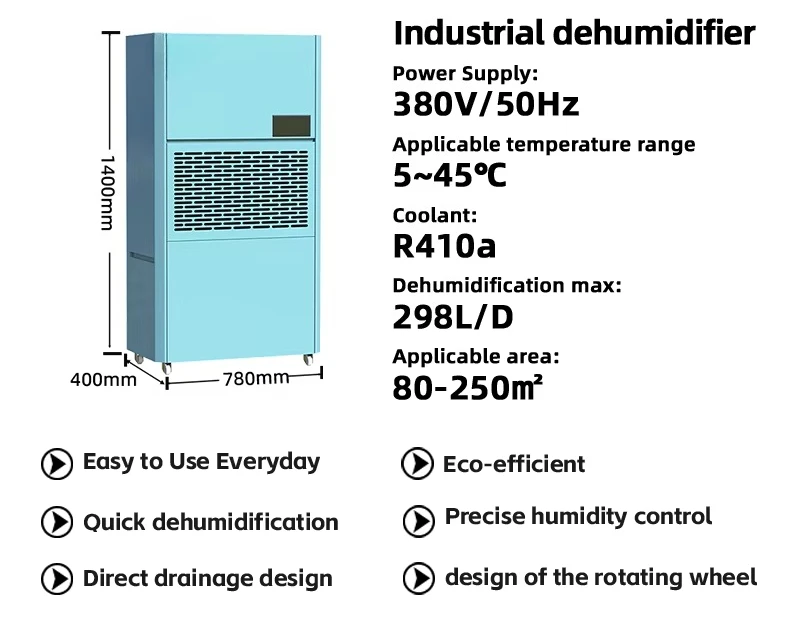 New Hotels Electric Industrial Dehumidifier with Digital Display 380V 298L/day Capacity for Warehouse & Car Use