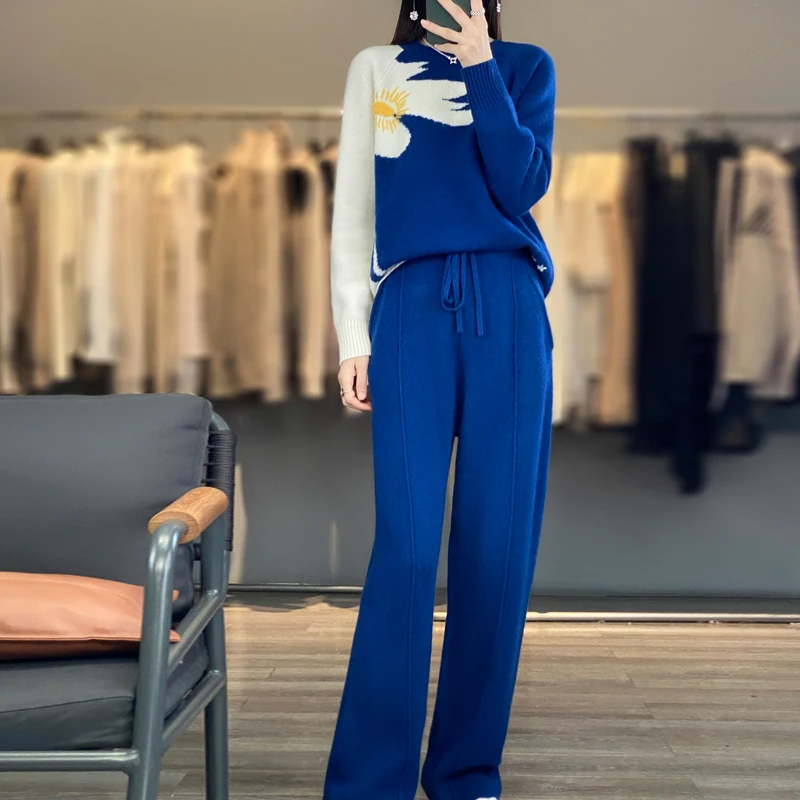 

Blue 100% Pure Wool Sweater For Women Thickened Autumn And Winter Outfit Knitted Two-Piece Set With Wide-Leg Pants For Outerwear