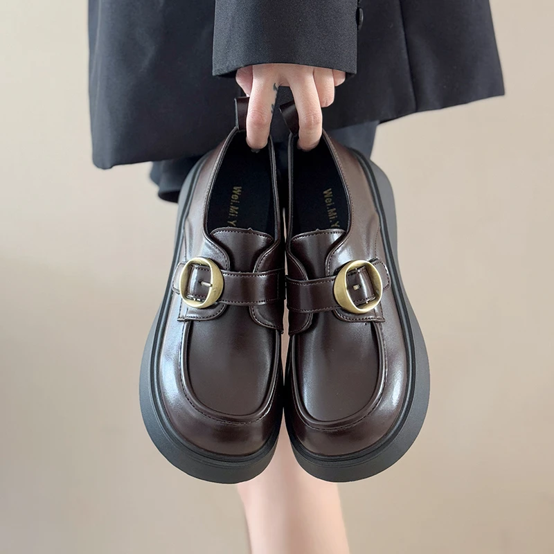 

Fashion Single Shoes Autumn New Round Toe Deep Mouth Metal Buckle Platform Non-slip Loafers