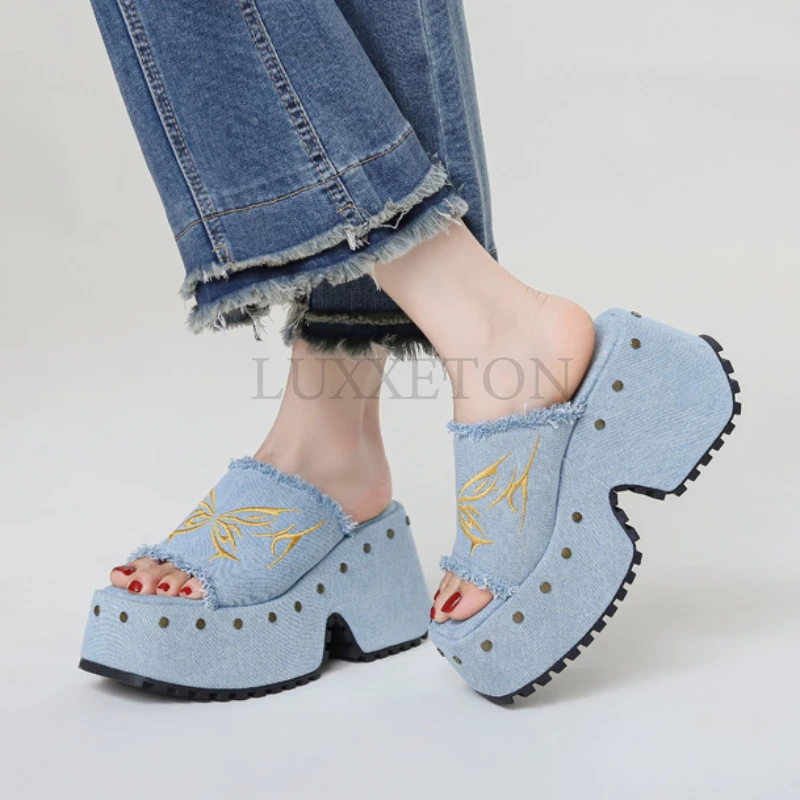 Platform Sandals for Women Denim Butterfly Fashion Metal Design Fashion Rivet Slip on Punk Sandasl Shoes Summer New Goth