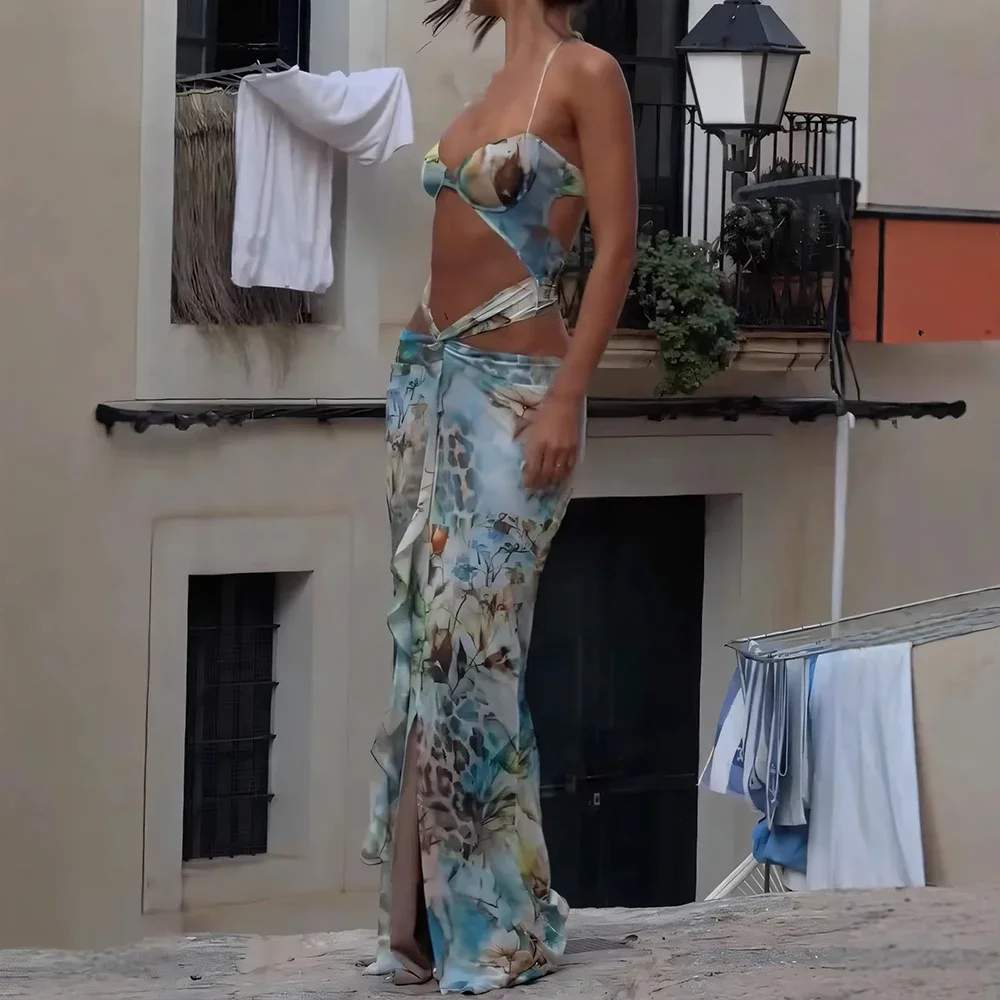 ドレス春夏セクシーなまともなカットアウトノースリーブオフショルダーマキシビーチスタイルラップドレス女性のための