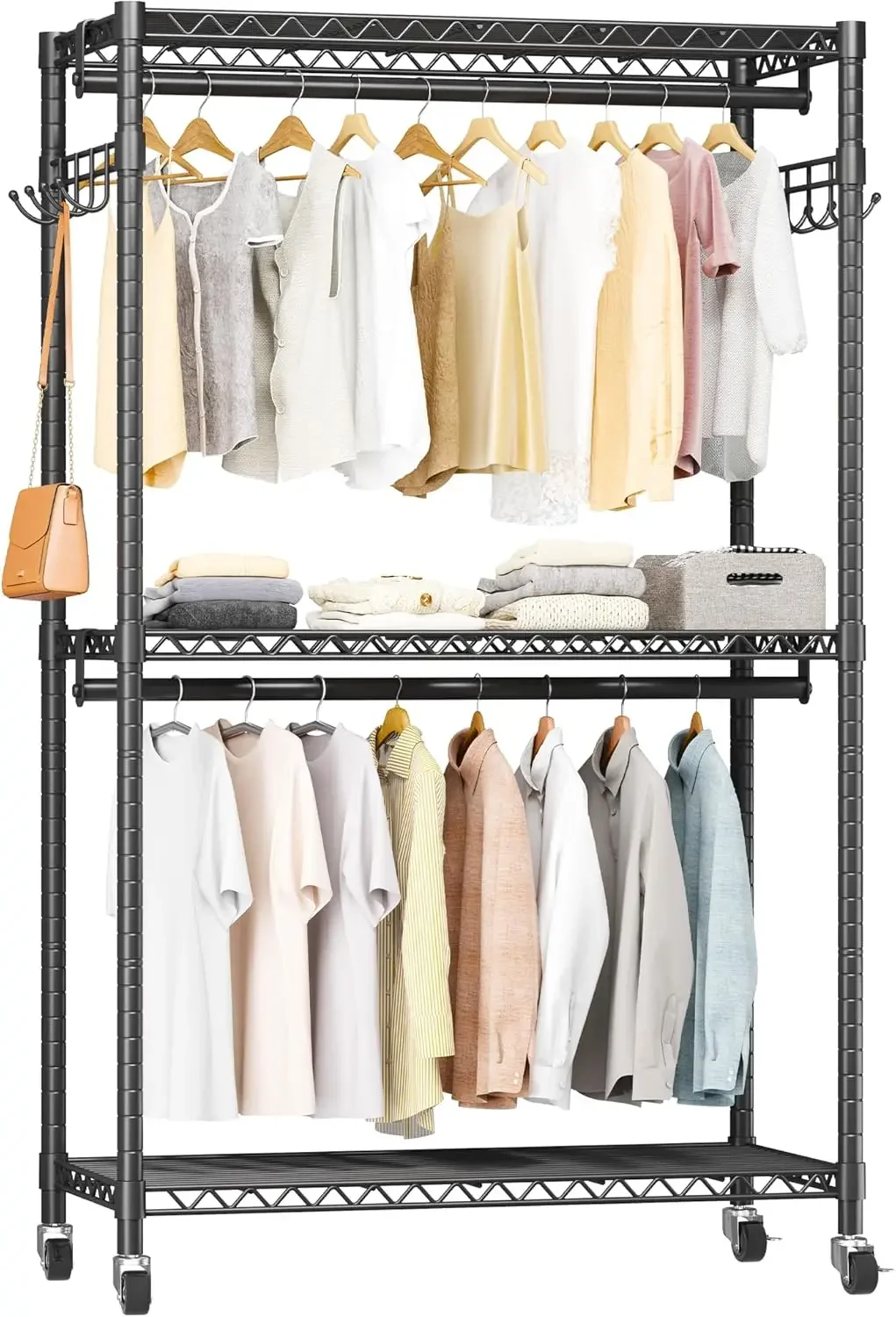 

Heavy Duty Rolling Garment Rack with Adjustable Wire Shelving, 3 Tiers Clothes Rack with Double Rods and Side Hooks,