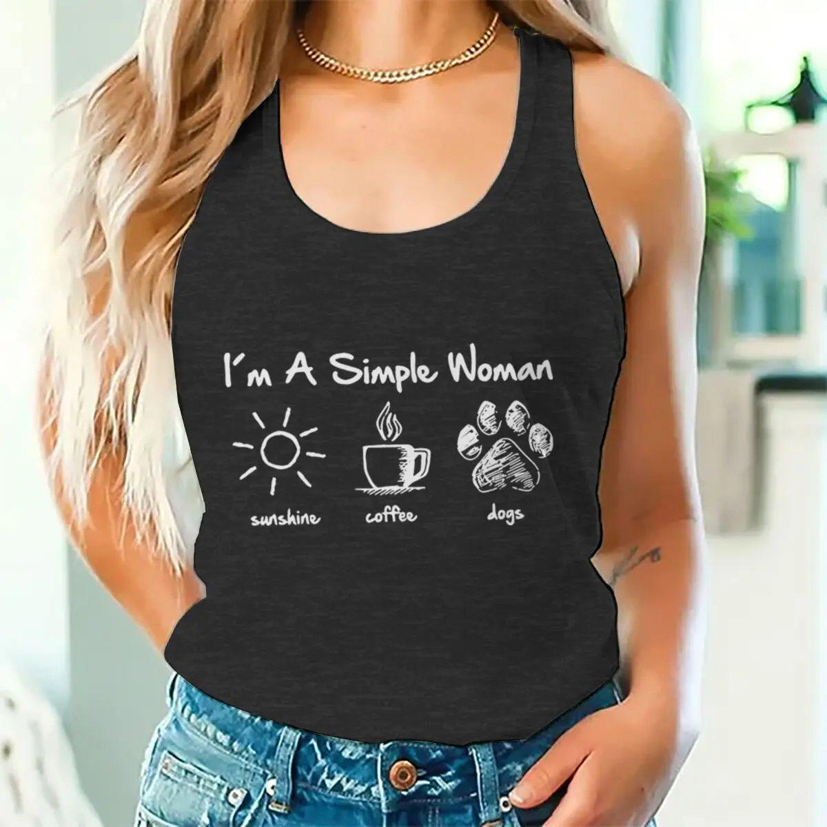 Women's Tank Top I Am A Simple Woman with Letters Sunshine Coffee Dog Print Top Fun Cute Retro Tank Coffee Lover Racerback Tops