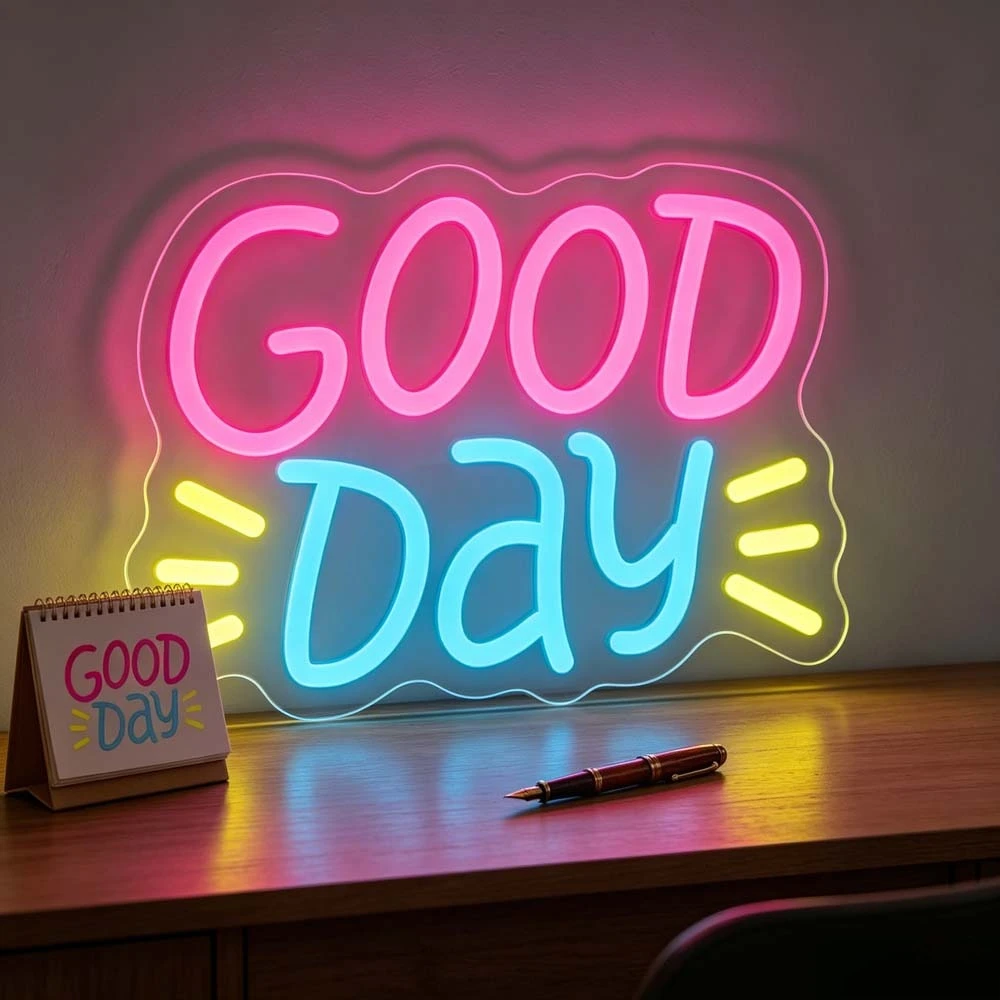Good Day Neon Sign LED Colorful Gradient RGB USB Reusable Aesthetic Night Light for Home Office Desk Bedroom Decoration Setup