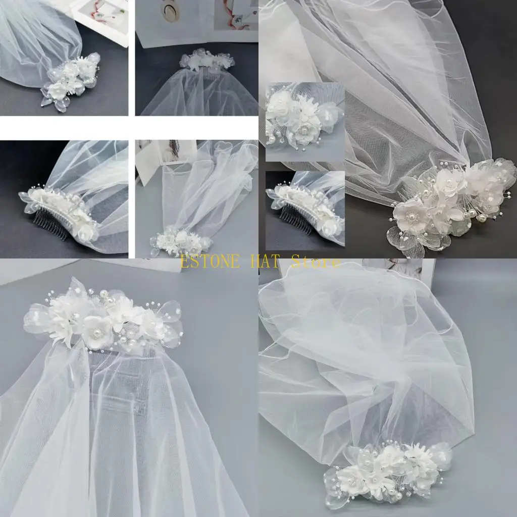 49MF Double Layer Bridal Veil with Artificial Pearls Edged Lightweight Tulle with Comb Attachment Bridal Headpiece