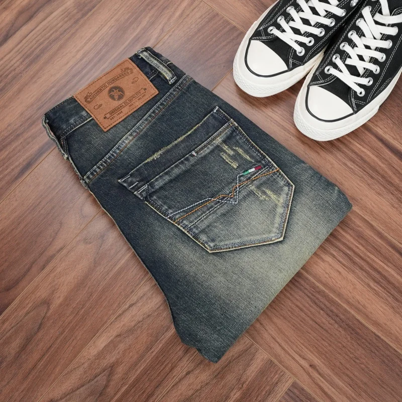 

New autumn men's fashion heavy-washed distressed vintage blue slim straight-leg trendy men's jeans