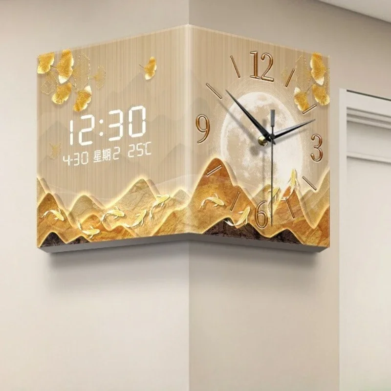 #￥Luxury Large Wall Clocks Design Nordic Light Modern Temperature Date Digital Corner Clock Office Kitchen Home Decoration