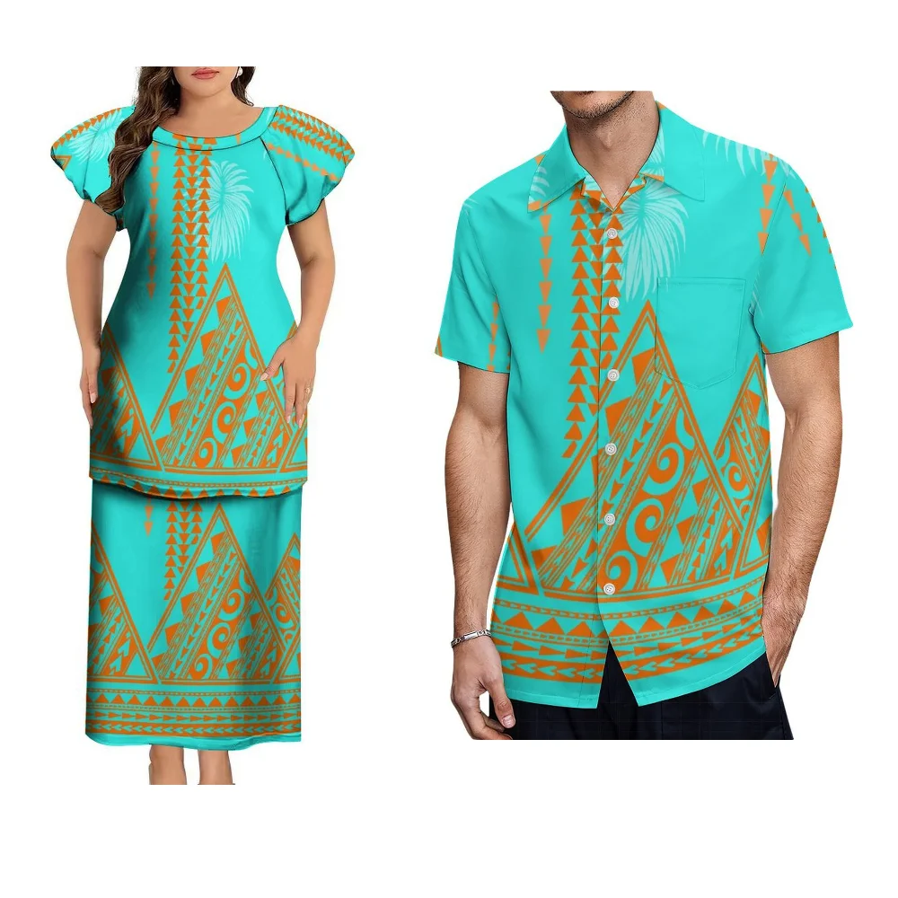Ronde hals Polynesische Pletasi paar dubbellaags pak avondjurk aangepaste dames avondjurk Samoaanse paar pak heren shirt