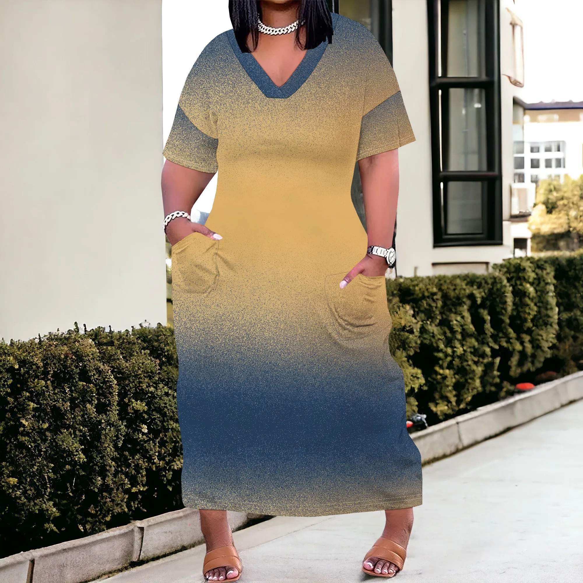 

Plus Size Women's Yellow Blue Ombre Maxi Dress XL-6XL, V-Neck Short Sleeve Pockets Bohemian Casual Summer Dress