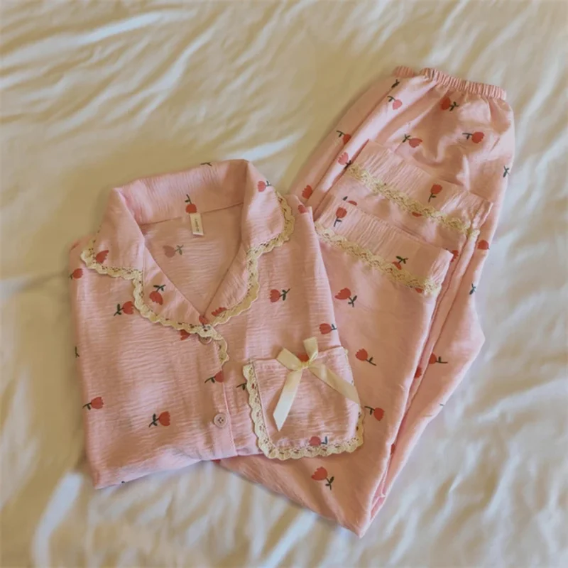 Pajama Sets Turn-down Collar Long Sleeve Women Autumn Sprin Floral Printed Thin Kawaii Trendy Womens 2pcs Kimono Pyjamas Elegant