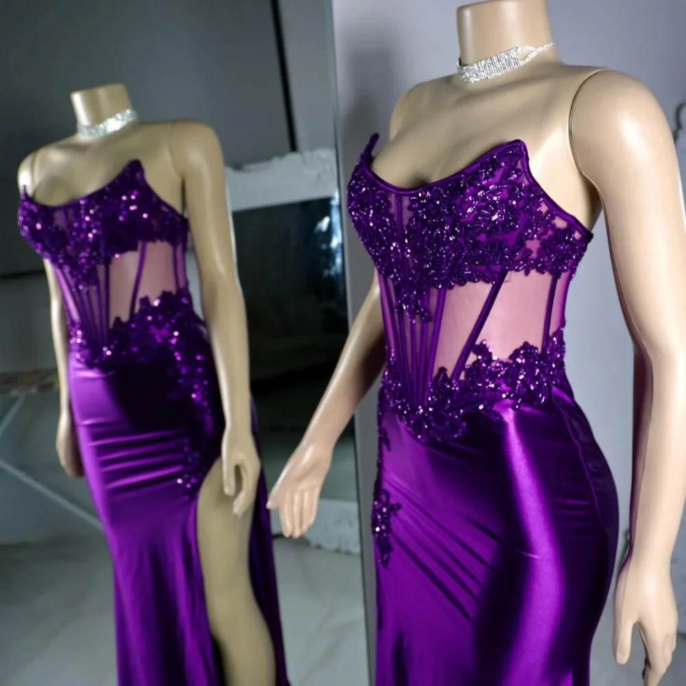 Vestido de sereia sem alças para mulher, vestido de festa roxo e roxo, apliqué de talão, elegante vestido de noite, ocasião especial