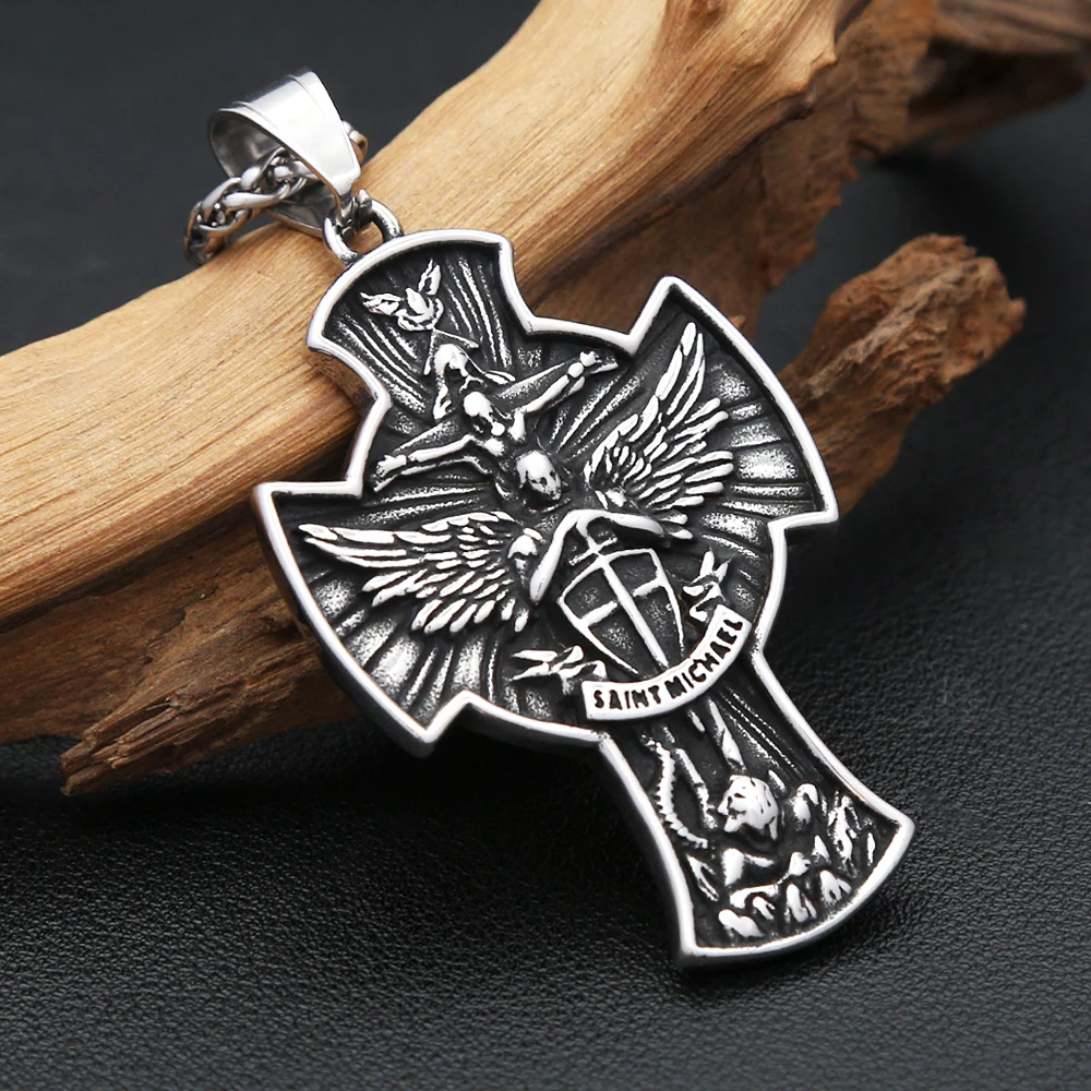 Vintage Stainless Steel Saint Michael Cross Pendant Necklaces For Men Women Fashion Religious Amulet Jewelry Gifts Dropshipping