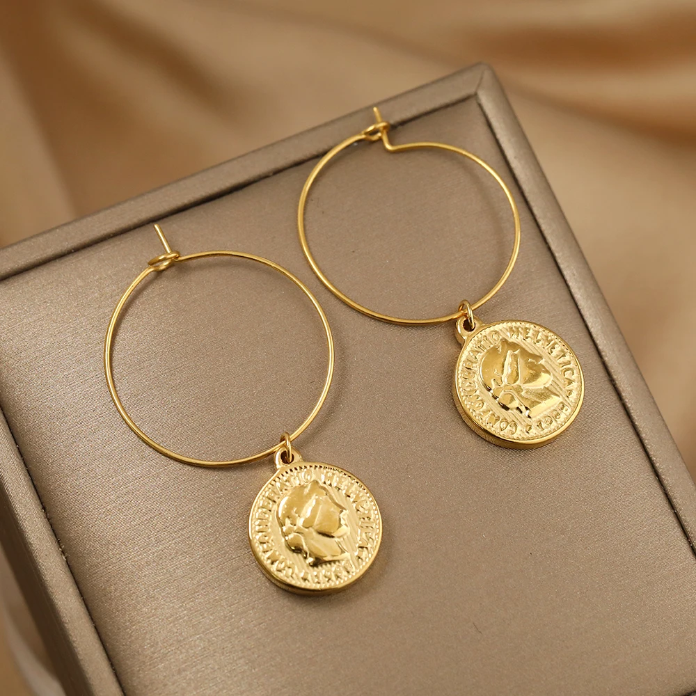 Stainless Steel Earrings Elegance Coins Queen's Portrait Baroque Pendants Temperament Fashion Hoop Earrings For Women Jewelry