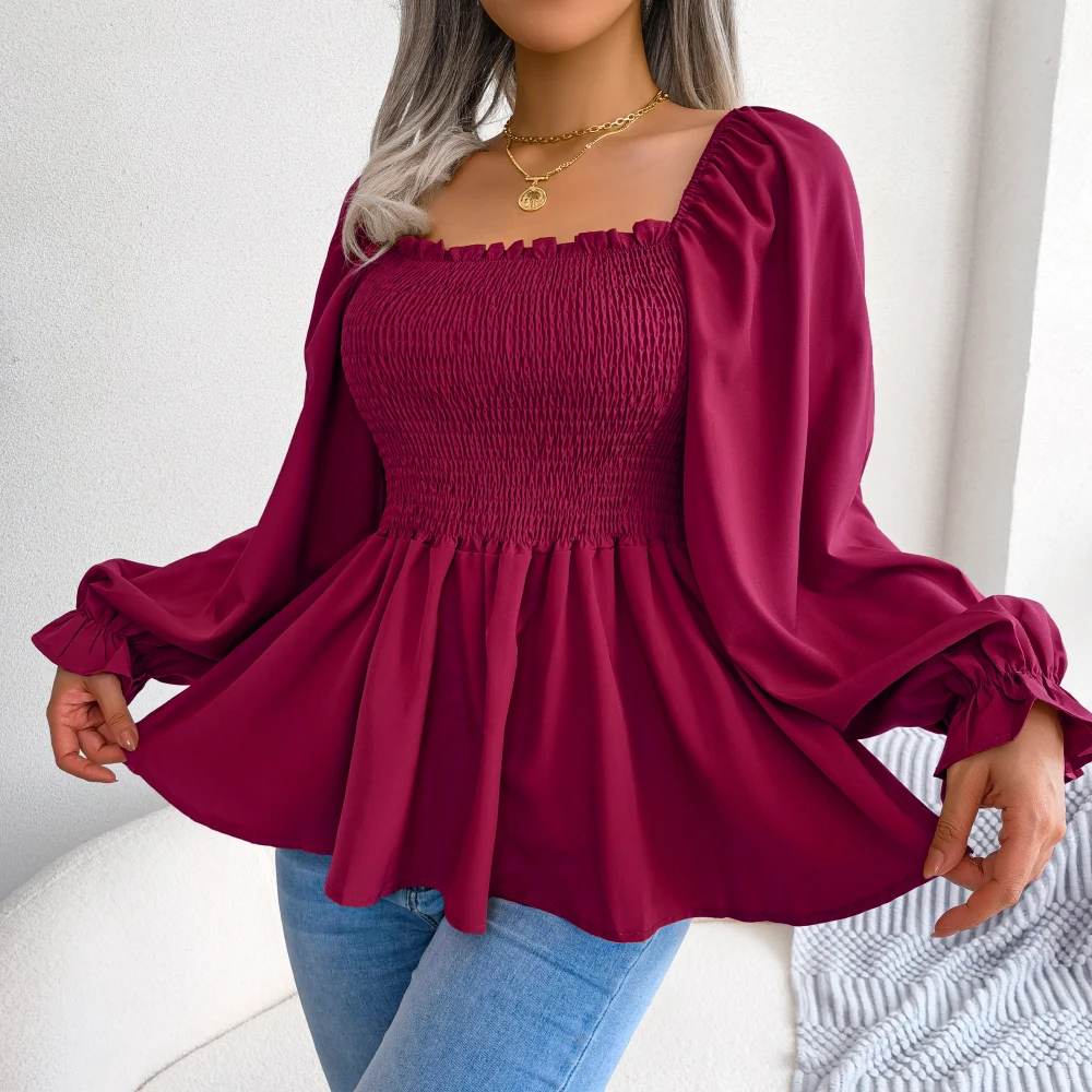 Women Chiffon Blouse 2023 Long Sleeve Casual Ruffles Peplum Top White Red Green Blue Black