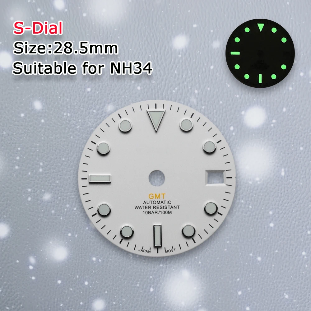 S Logo Dial 28.5mm NH34 white GMT Matte Dial Fit NH34 Movement Green Luminous Watch Modification repair Accessories tool