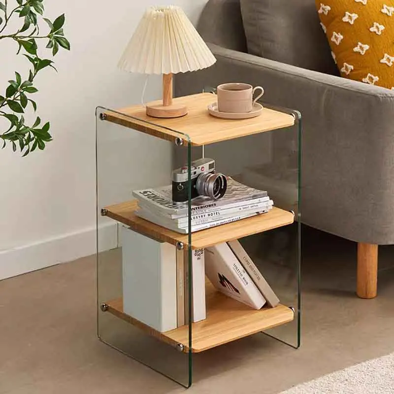 

Nordic Glass Bedside Table for Bedroom, 3-Storey Bedside Table, Coffee Table,Living Room Side Table,Large Capacity Storage Rack