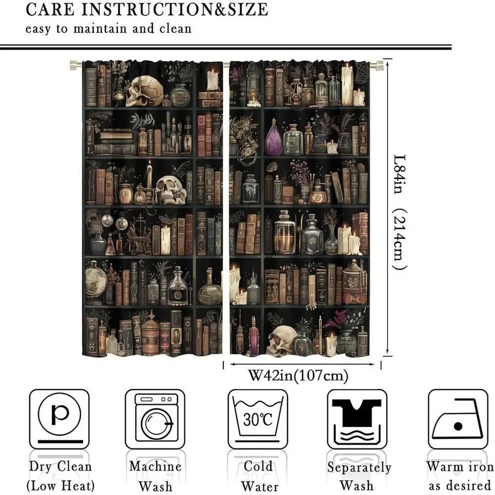 Elegant Gothic-Inspired Book-Patterned Window Curtains with Skull and Floral Accents, 84 x 84 for Living Spaces and Bedrooms