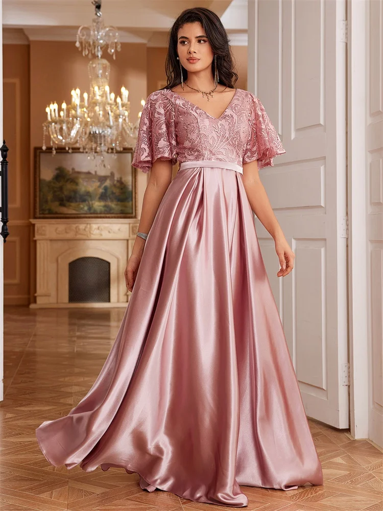 

XUIBOL Elegant Short Sleeve Pink Satin Formal Evening Dress Luxury Sequin Long Women Wedding Party Dresses Cocktail Prom