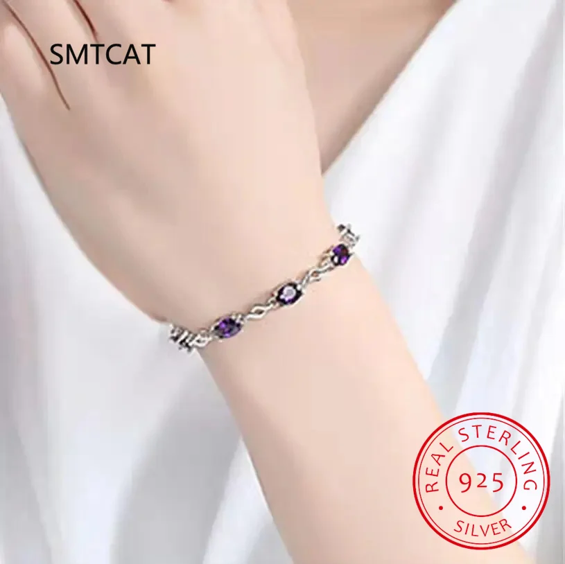 Oval Natural Amethyst 925 Sterling Silver Bracelet for Women Luxury Purple Gemstone Statement Jewelry Pulseiras De Prata