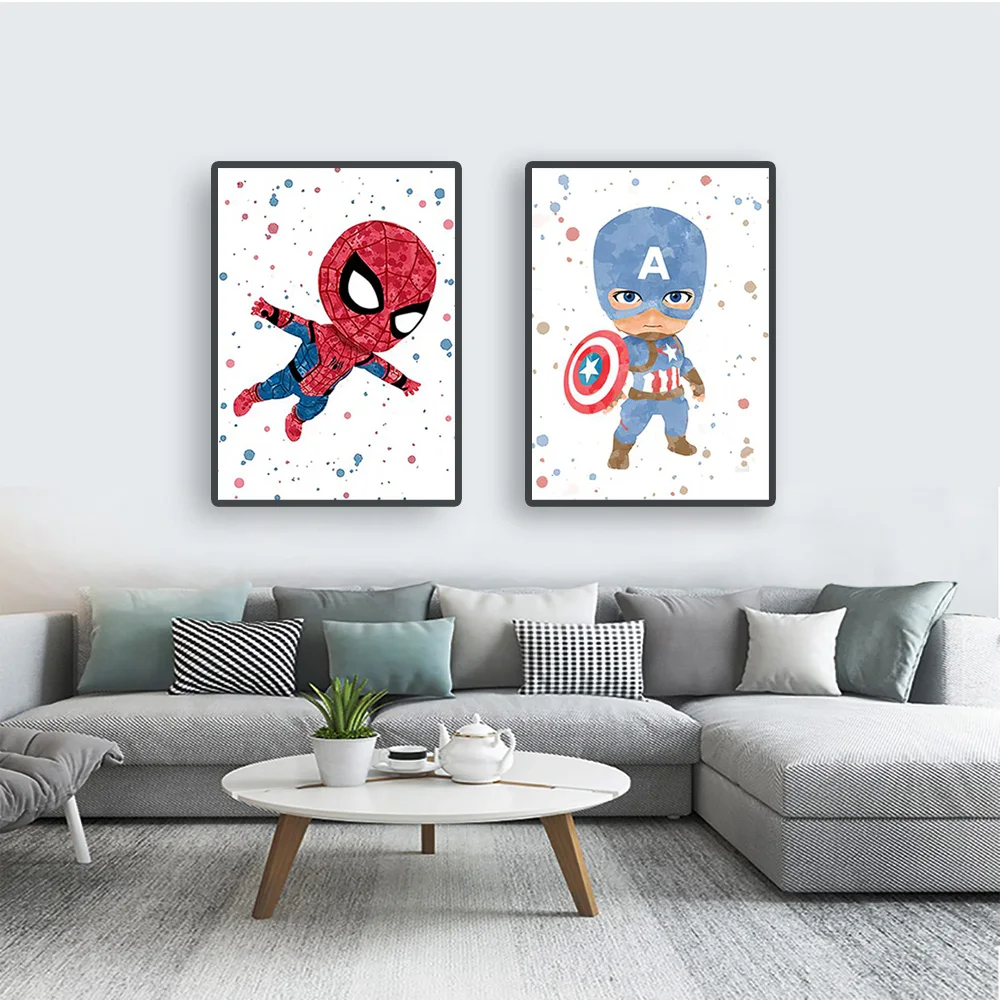 MINISO-Pintura em Canvas Marvel Superhero para Crianças, Iron Man, Spider-Man, Quarto Infantil, Pôsteres de Arte Decorativa, Impressões Murais de