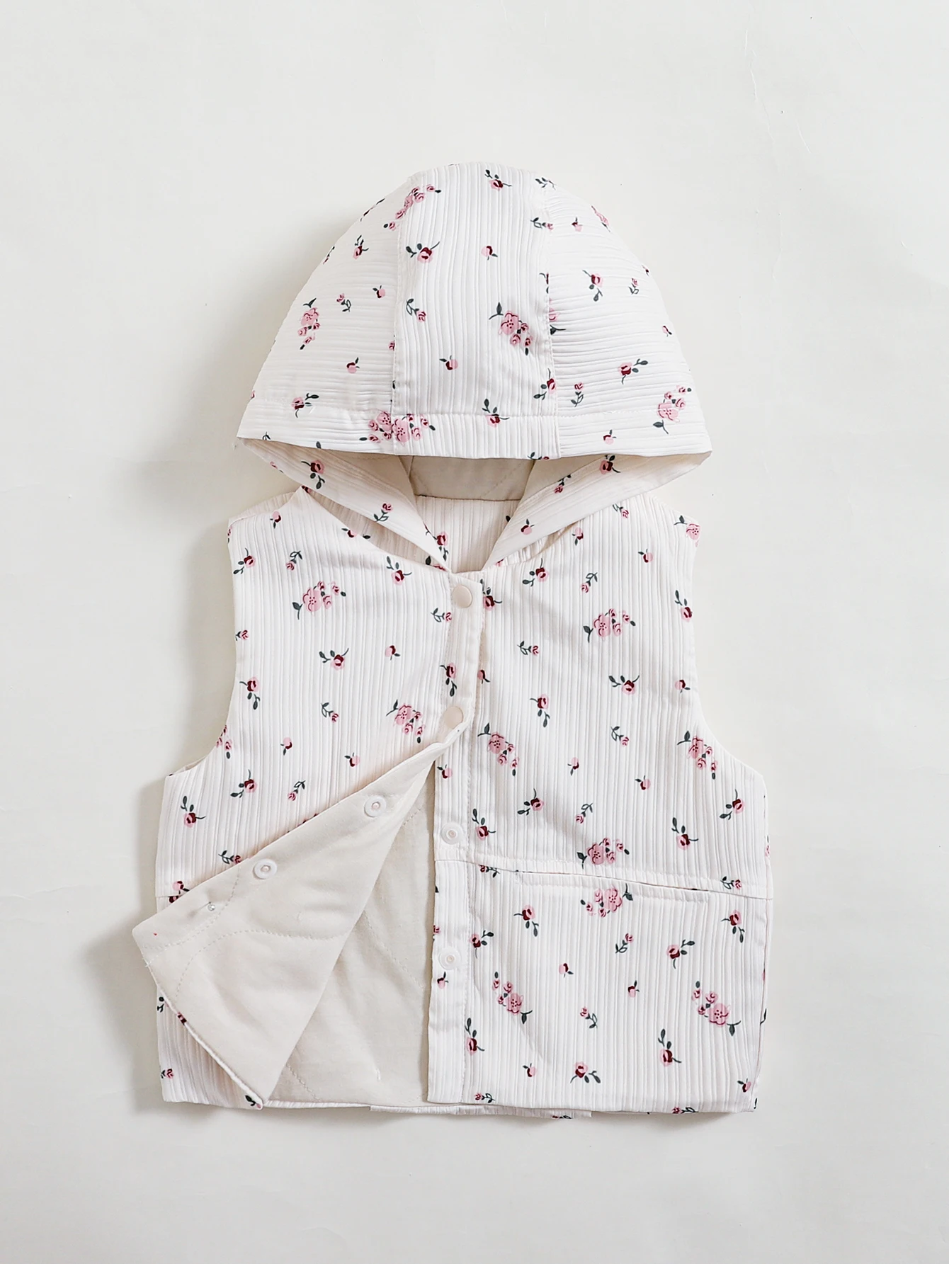 

Girls' Baby Floral Print Hooded Vest, Sleeveless Comfortable Top, Suitable for Daily and Outdoor Wear