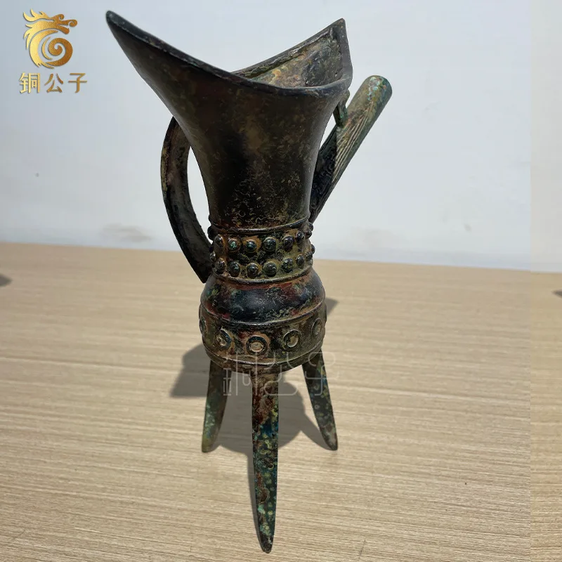 Antique Bronze Key With Milk Nail Pattern, Long Flow Wine , Jue Cup, Museum Cultural Display Cabinet Decoration Ornament