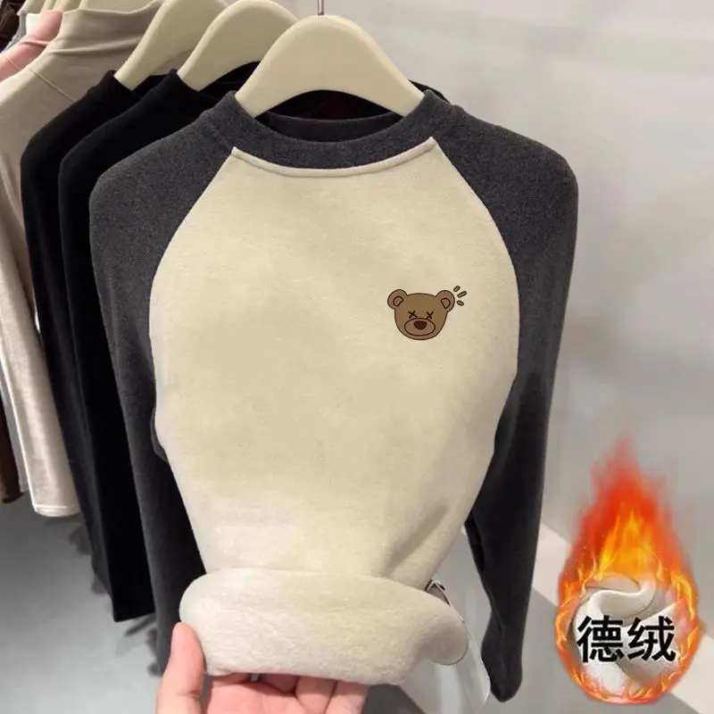 เสื้อยืดสีตัดกัน แขนยาว ทรงเข้ารูป สไตล์ตะวันตก คอกลม อุ่นสบาย สำหรับผู้หญิง รุ่นใหม่ ฤดูใบไม้ร่วง ฤดูหนาว