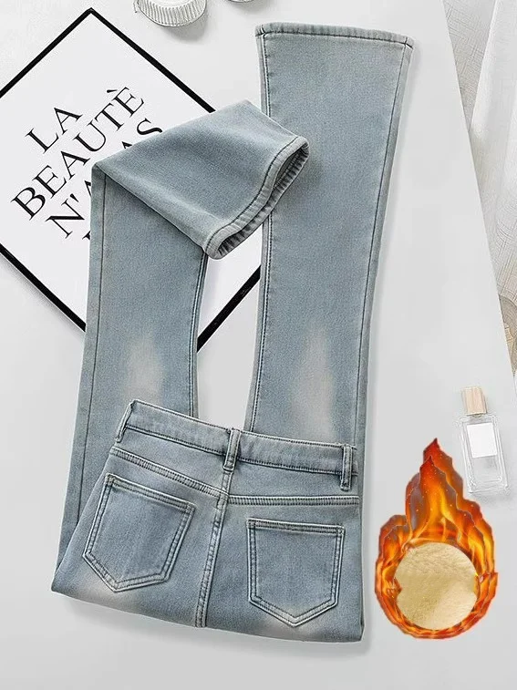 

Женские джинсы-клеш на флисовой подкладке с высокой талией, теплые, зимние, в корейском стиле, утягивающие, с расклешенными штанинами, осень-зима