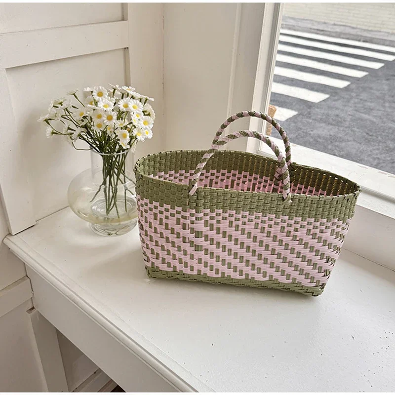 Handgefertigte Colorblock-Webtasche, Damen-Sommer-Tragetasche, Sommer-Einkaufstasche für Strandurlaub, Picknick, Haustiertransport – Detail 3