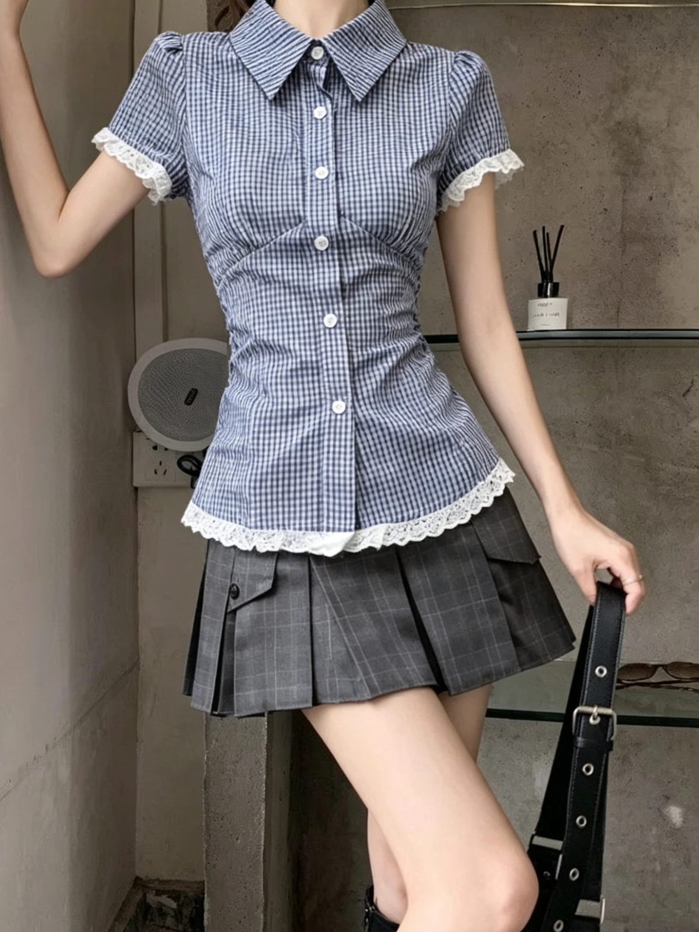Hot Girl Summer Y2K Harajuku Retro Sweet Two Piece Set Women's Clothes Fashion Plaid Short Sleeve Shirt High Waist Pleated Skirt image 3