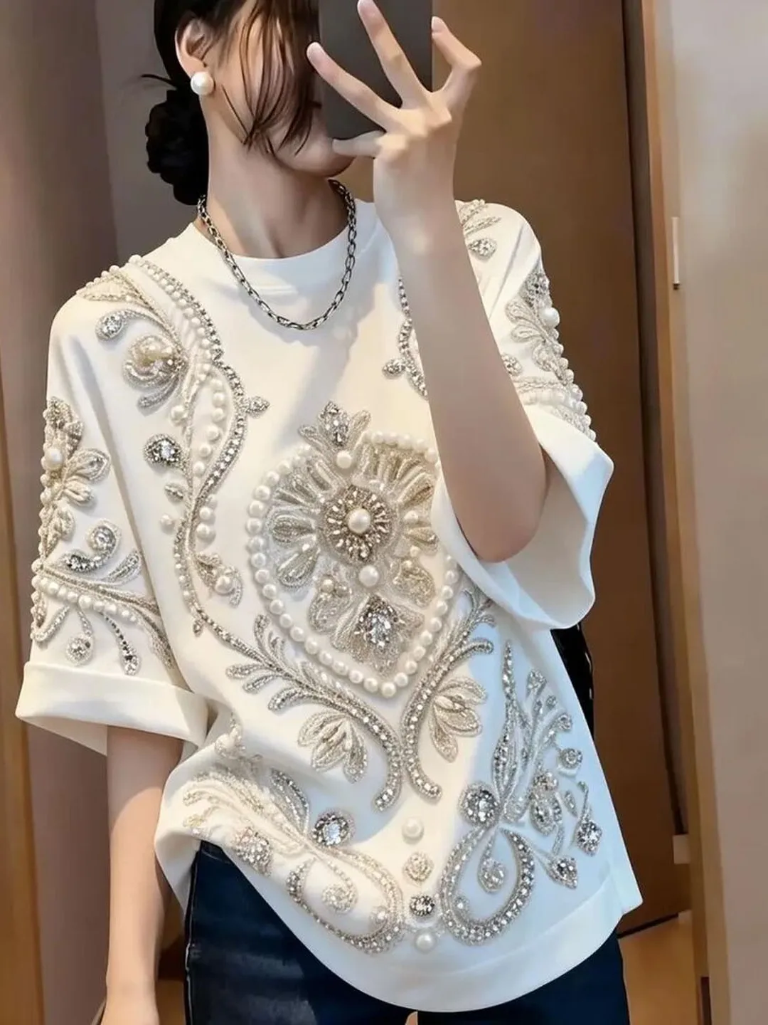  Fashionable T-Shirt Elegant Lightweight Beautiful Summer Top Women's Korean Style Loose Fit Printed Pearl Detail