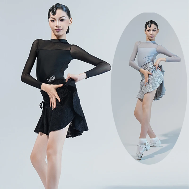 Kids Samba Rumba Latin Dance Clothing Girls Mesh Sleeves Latin Dance Dress Children'S Performance Dancing Costumes SL14176