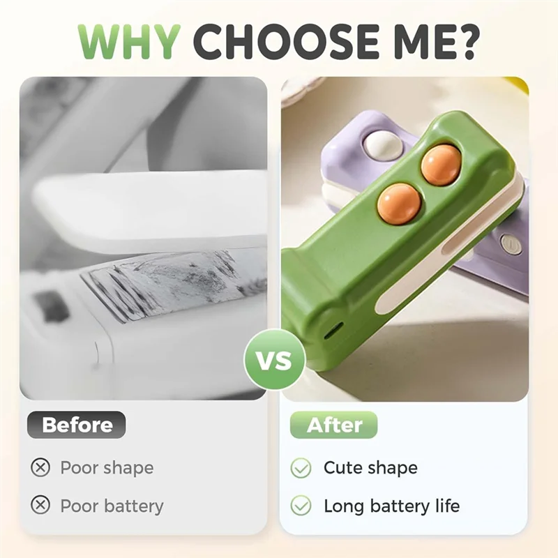 진공 열 밀봉 미니 백 실러 커터 및 자석 포함 충전식 휴대용 신선 식품 보관용 A-A77G