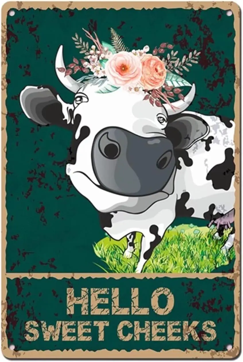 Funny Bathroom Quote Wall Art Decor - Hello Sweet Cheeks Vintage Farm Cow Tin Sign Best Farmhouse Decor Gift Ideas for Women Men