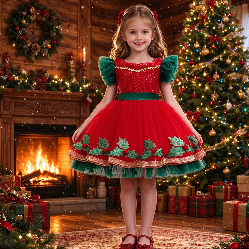 Neujahr Baby Mädchen Weihnachtskleid Elegante Pailletten Prinzessin Kleid Party Hochzeitskleider Spitze Tutu Kinder Kinderkleidung
