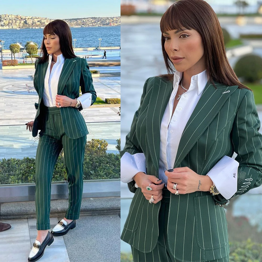 Green Striped Blazer Street Power Suits Slim Fit  Evening Party Formal Business Outfit Wedding Wear 2 Pieces