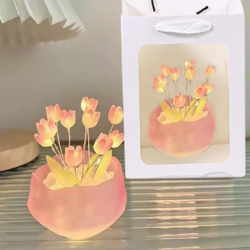 DIY Tulip Lamp Simulation Flower Bedroom Sleeping Table Lamp Handmade Craft Tulips Night Light Birthday Gift
