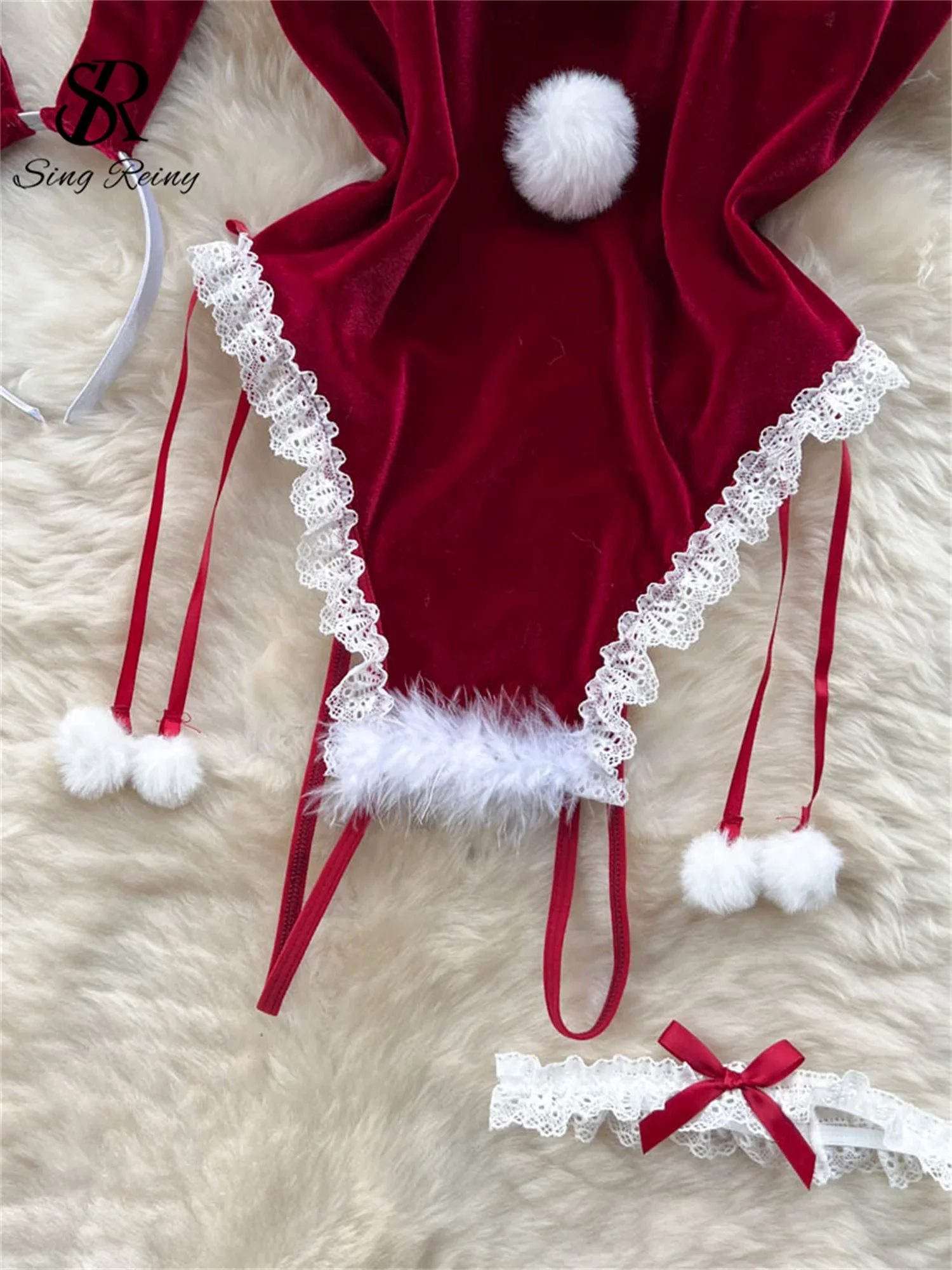 SINGREINY-body erótico de Navidad Porno para mujer, ropa de dormir ajustada con tirantes de piel y empalme de encaje, mono Sexy de sirvienta de conejo 2023