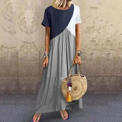 Women Bohemian Geometric Stitching Patchwork Contrast Short-sleeve Boho Dress Casual Long Maxi Beach Dresses Large Size