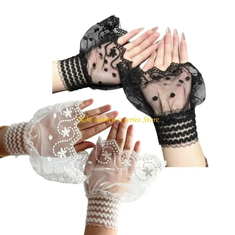 Q39C Decorative Fingerless Wrist Cuffs Sleeves for Women, Lace Mesh Pair with Embroidered Trim and Wrist Opening for Outings