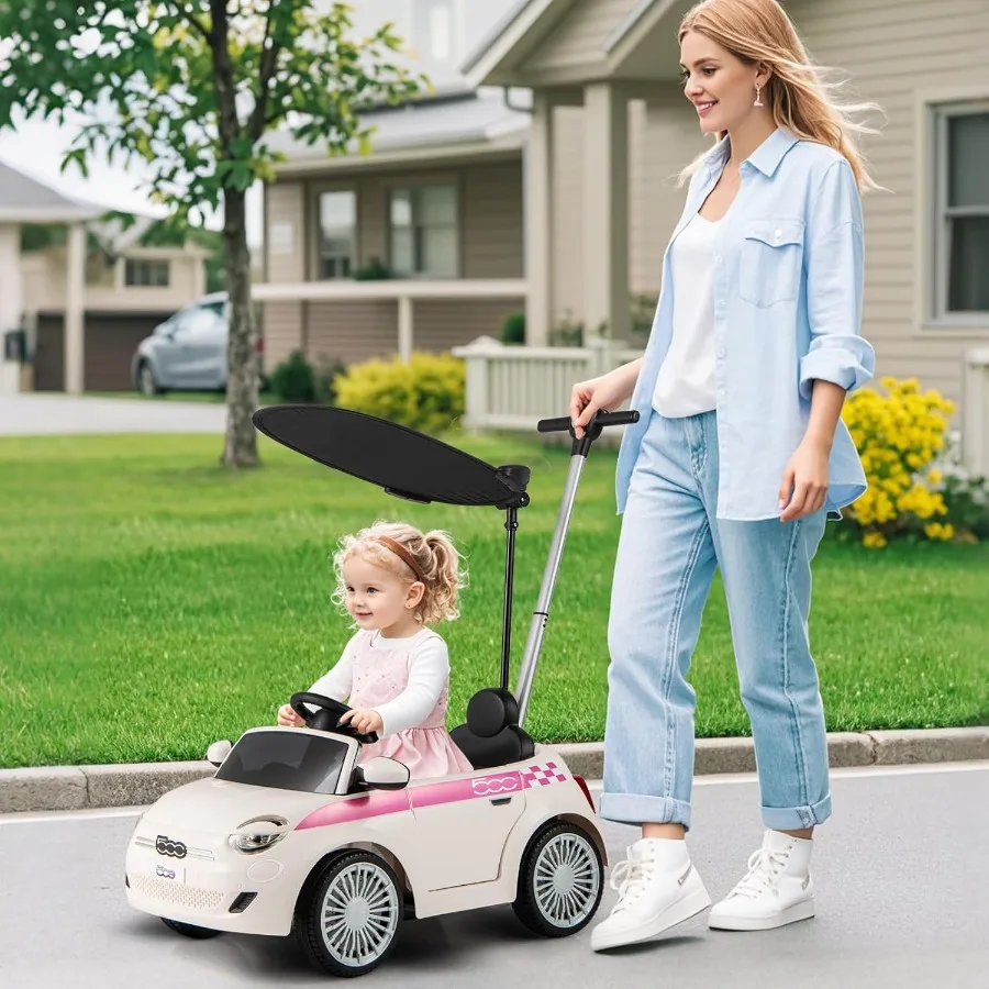 Push Car for Toddlers, 3 in 1 Licensed Fiat 500e Baby Sliding Walking with Parent Control Handle Adjustable Canopy Footrest, Kid