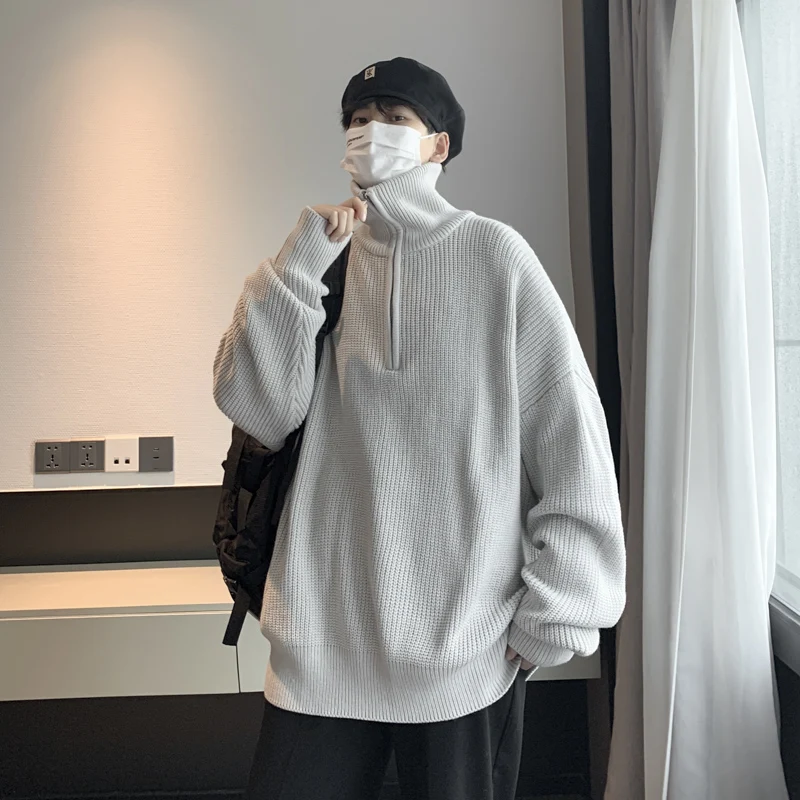 

American Casual High Collar Men's Sweater Lazy Sle Autumn Winter Base Layer Knitted Spring Outerwear Soft Polyester Fiber