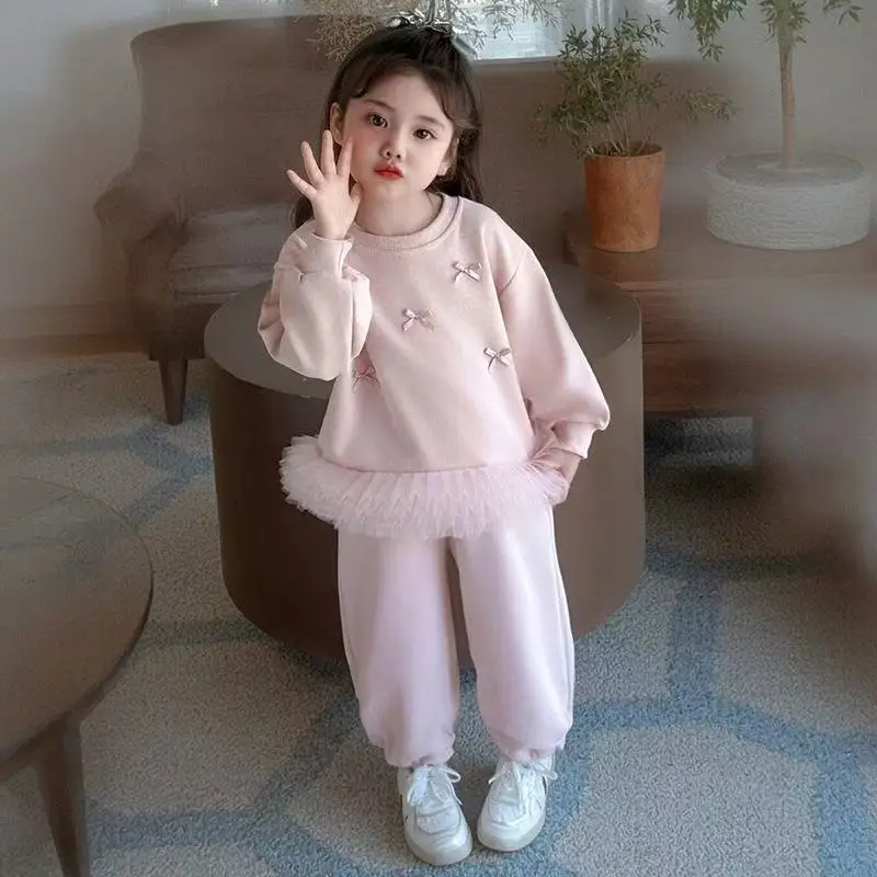 Calças com capuz de duas peças suitgirls sweatshuit conjunto de roupas moda crianças princesa arco amor decoração primavera outono 2025 novo