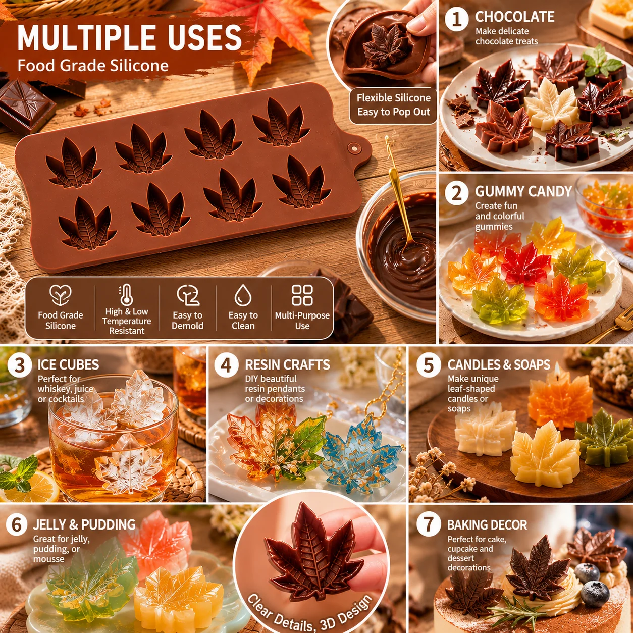 8 Cavity Maple Leaf Silicone Mould For Homemade Chocolate Candy Jelly Ice Cube DIY Baking Kitchen Accessory Gift