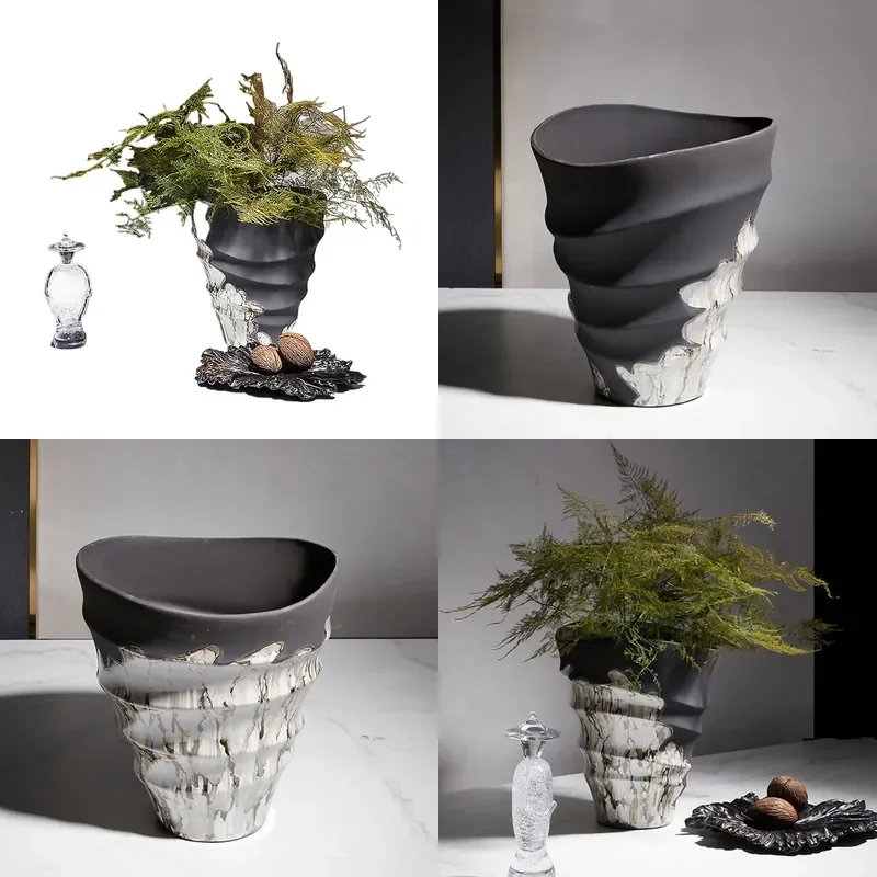 Modern New Chinese Style Large Diameter Vase with Spiral Pattern Art Flower Arrangement for Living Room Dining Table Coffee