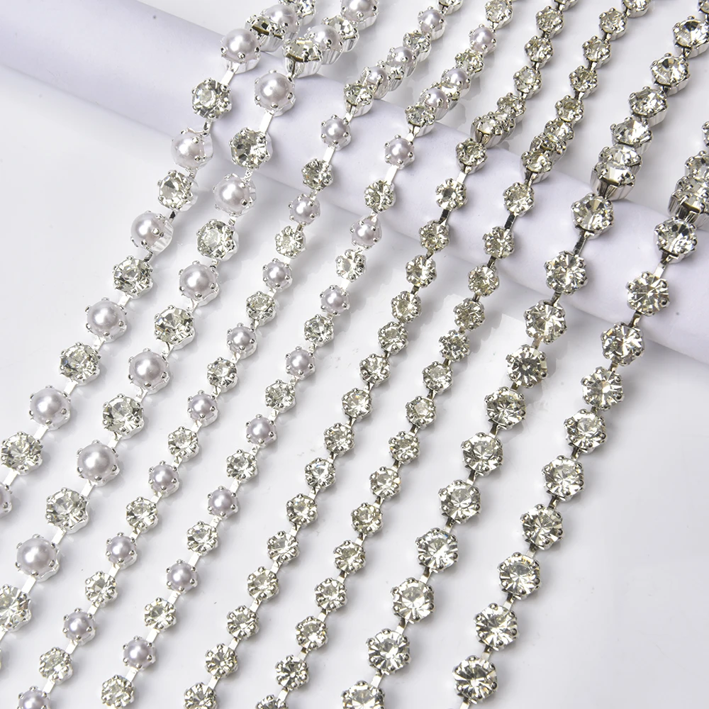 With Pearl Sew On Rhinestone Cup Chain Glitter Silver and White K Crystal Trim Diy Garment Accessories Sewing Shinny Decoration