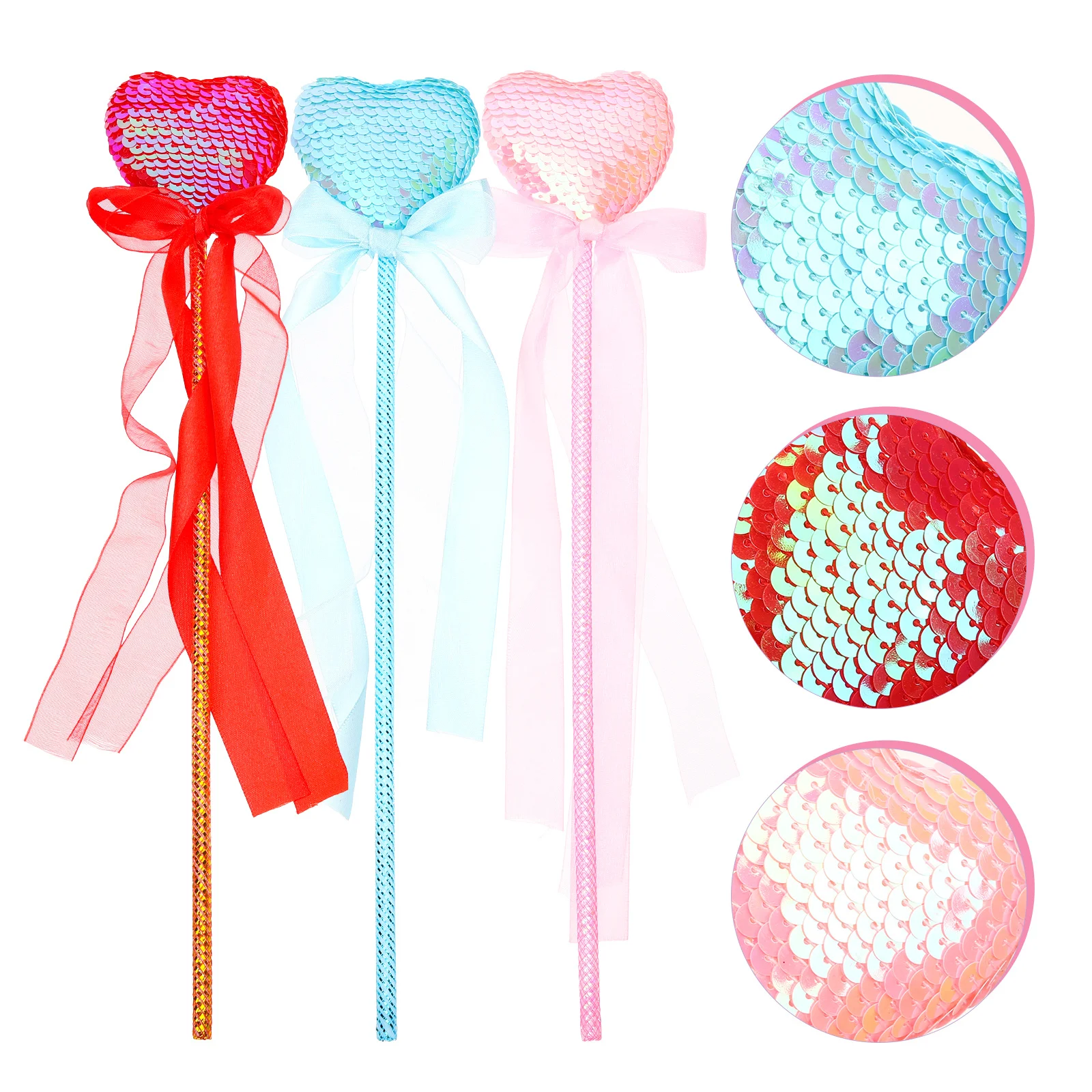 3Pcs Heart Shaped Fairy Wands Sequins Glitter Tassel Princess Dress Up Party Photo Props Kids Cosplay Red Heart Wand