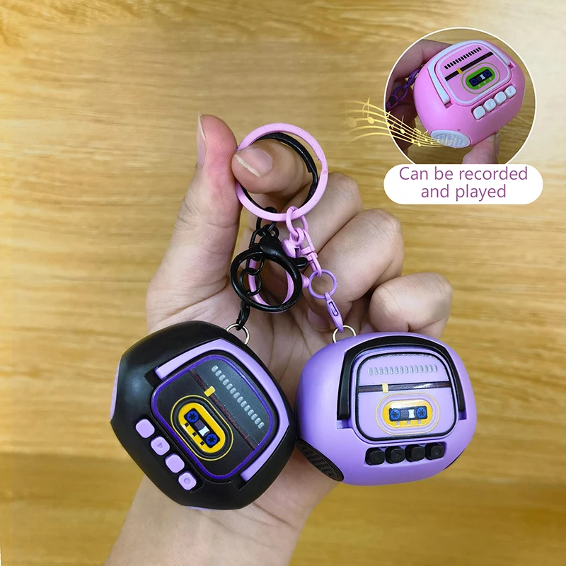 Pink Purple Mini Recorder Keychain Nostalgic Mini Retro Radio Pendant Music Box Keyring Backpack Ornament